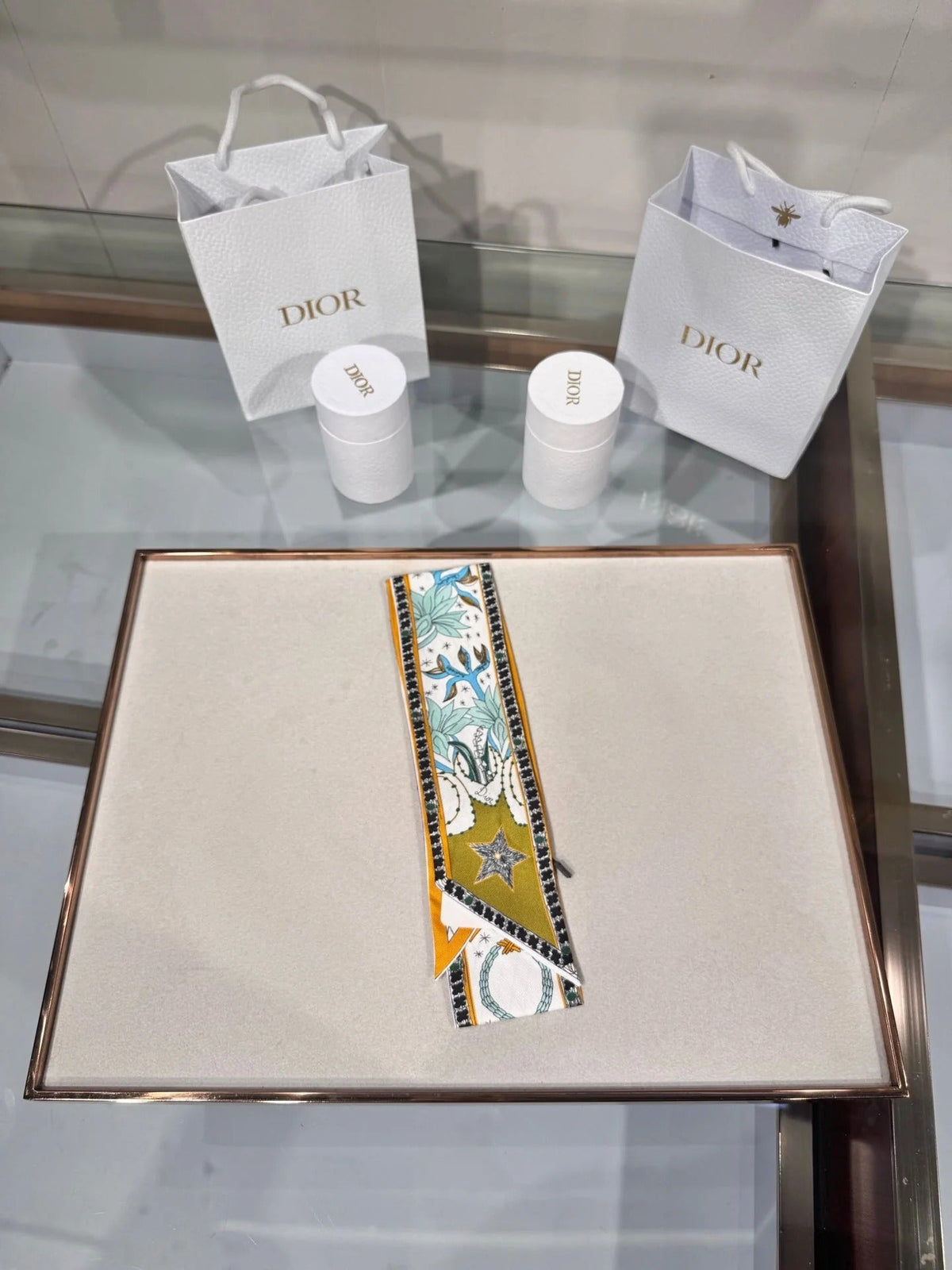 Dior 2026 Le Monde Mitzah Scarf 100cm Yellow Mix White Silk 203881