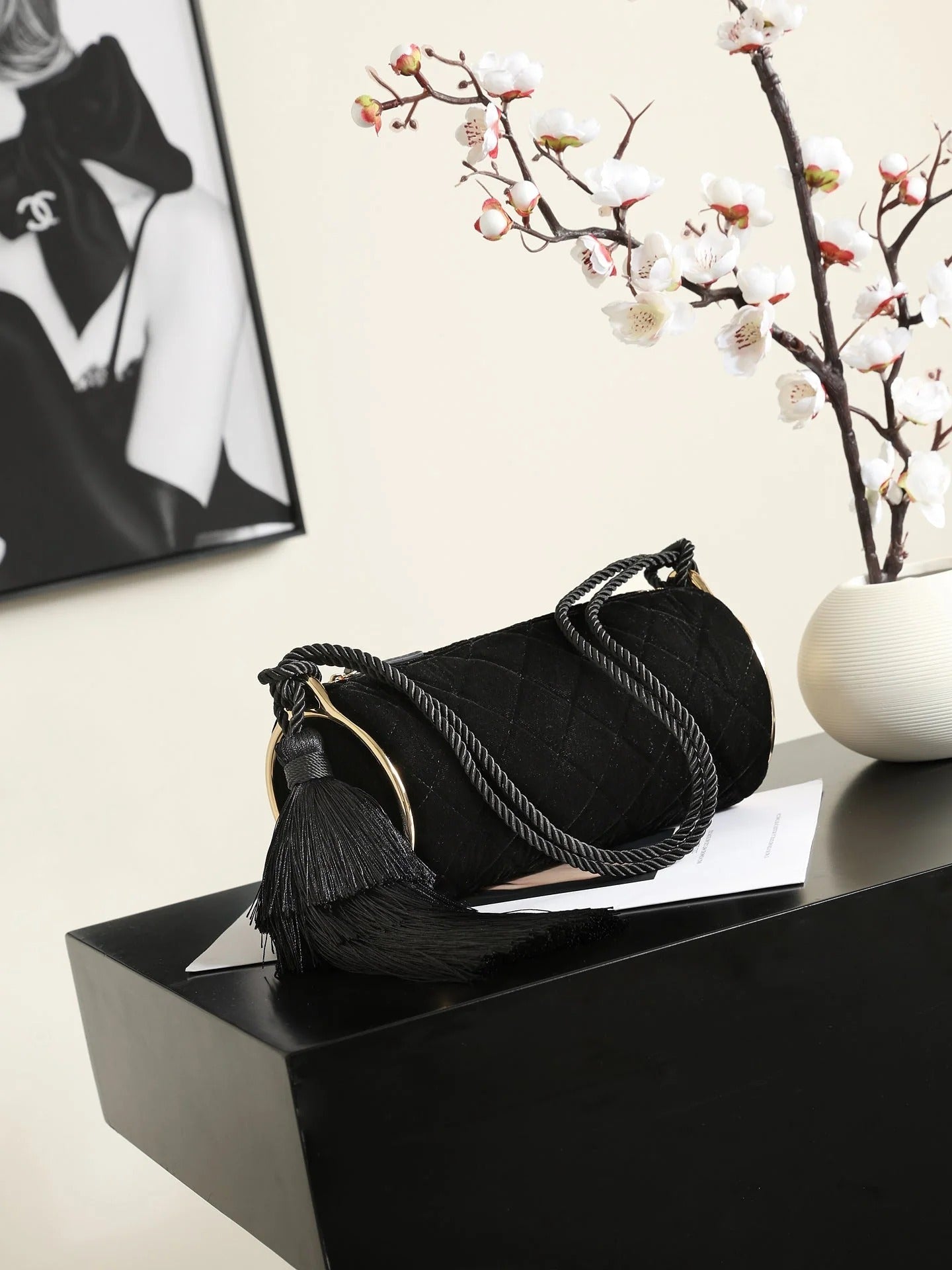Chanel 2026 Tassel Cylindrical Bag 23.5cm Black Velvet