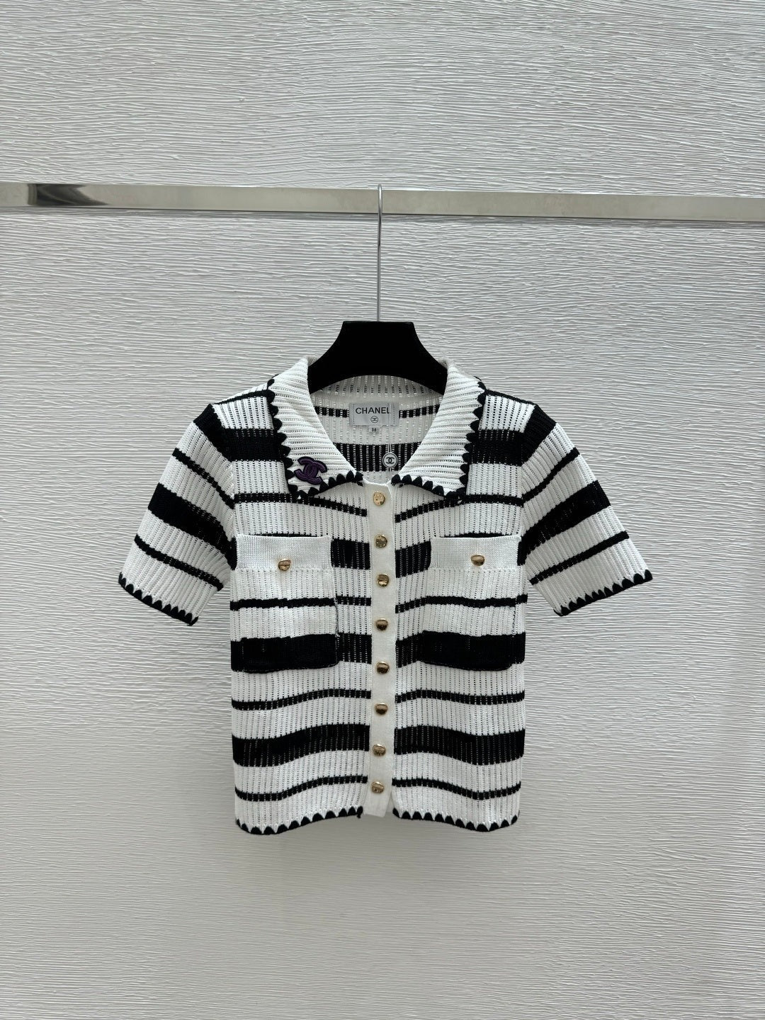 Chanel 2026 Striped Collared Knitted Short-Sleeve Cardigan 170591