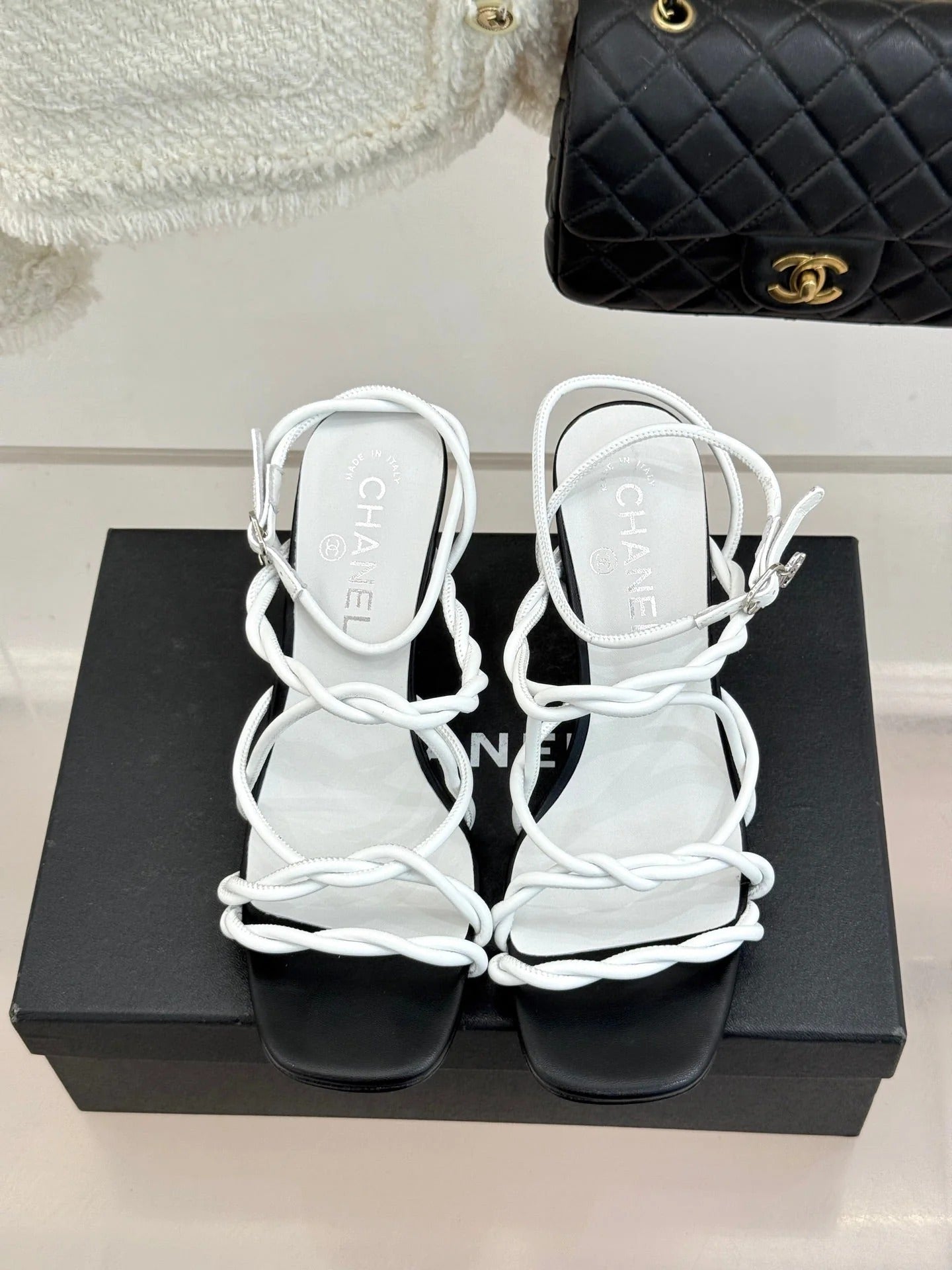 CC 26P Double C Strappy Square Toe High-Heeled 70 Sandals White in Cowhide 706347
