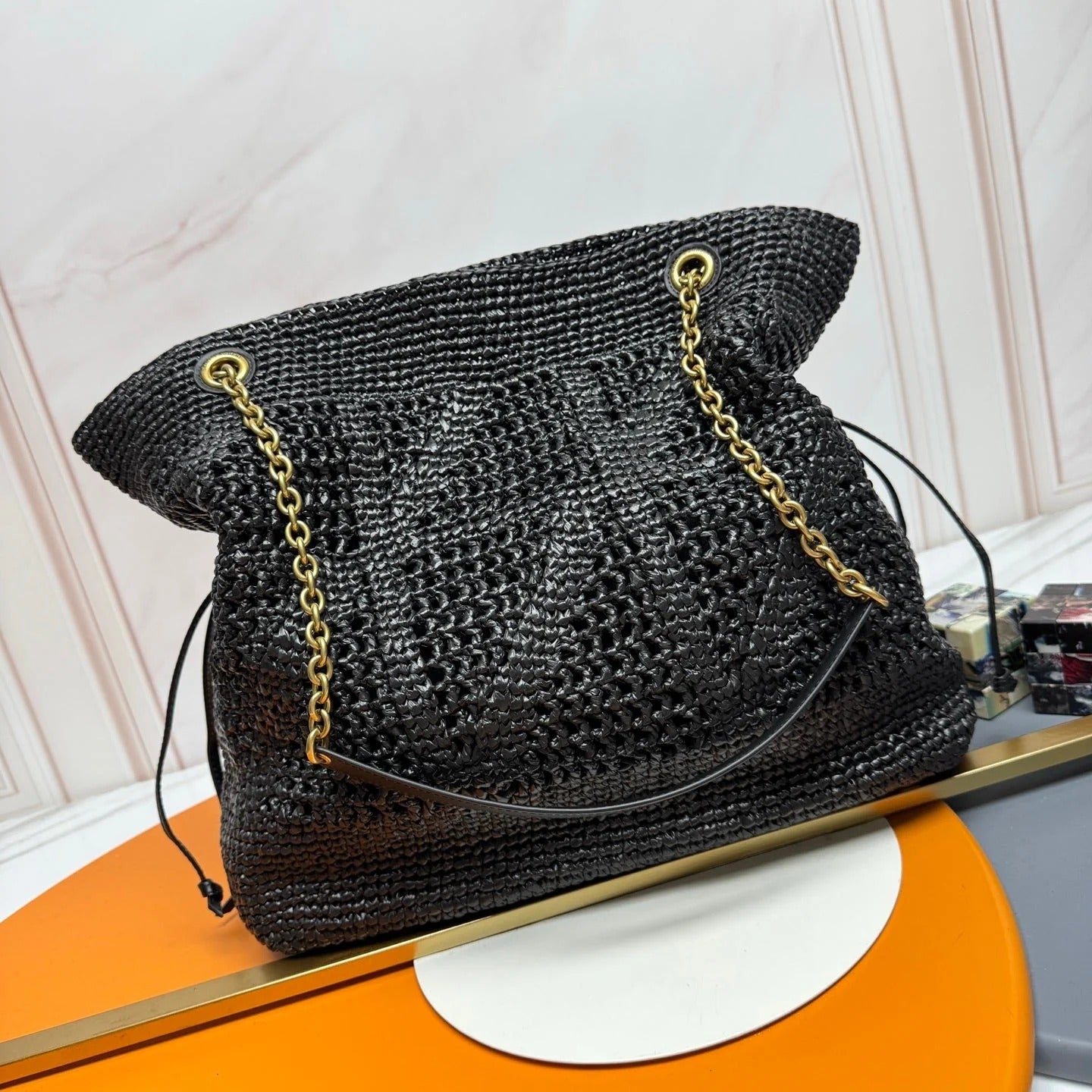 YSL 2026 Jamie Shopping Raffia Handbag 35cm Black Woven