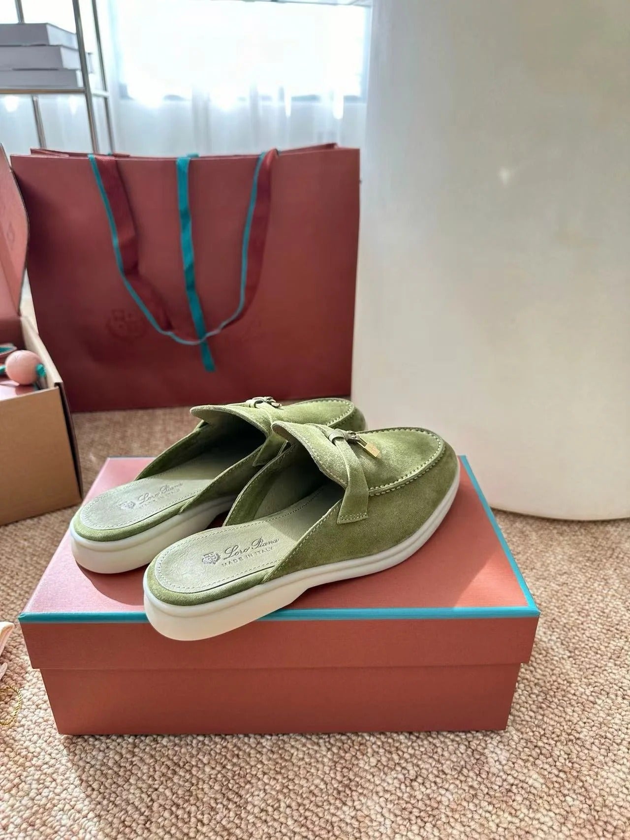 Loro Piana 2026 Charms Walk Flat Mules Olive Green Suede