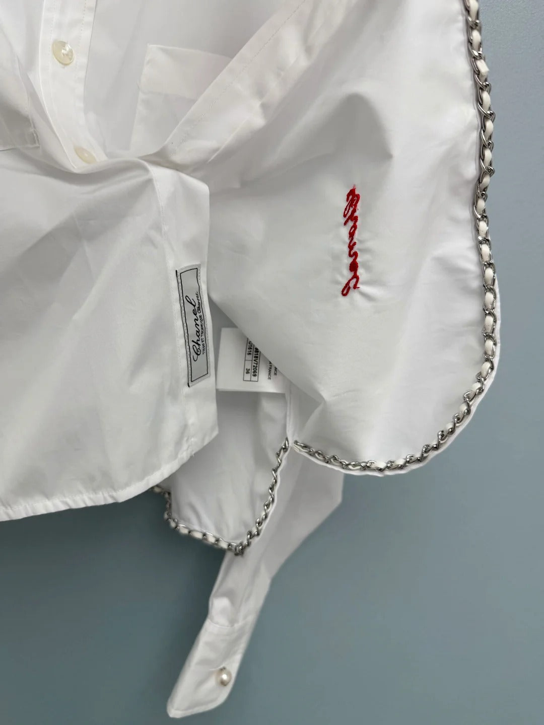 Chanel 2026 Pearl Button Chain Trim Short Shirt White Cotton 213056