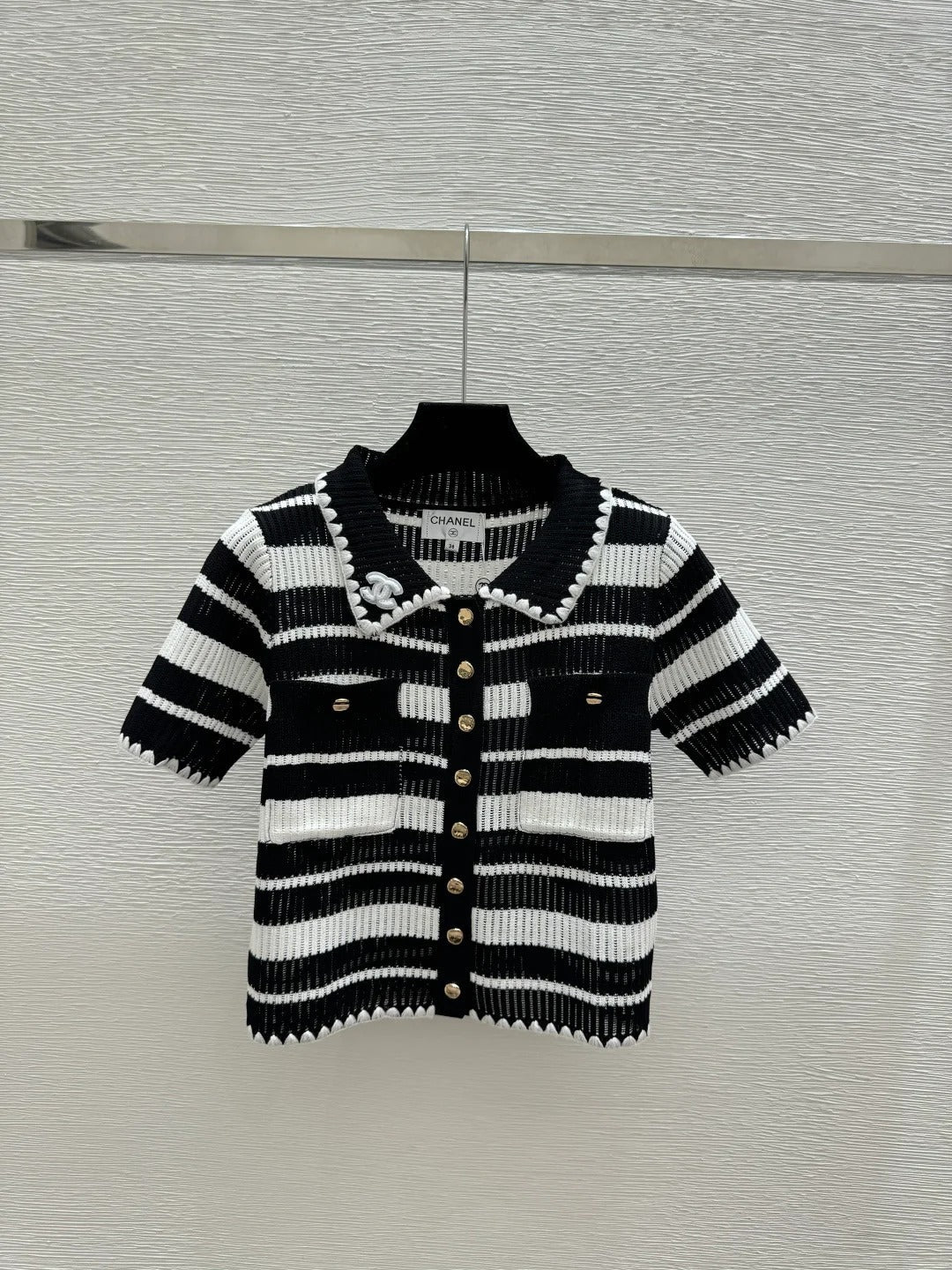 Chanel 2026 Striped Collared Knitted Short-Sleeve Cardigan 170591