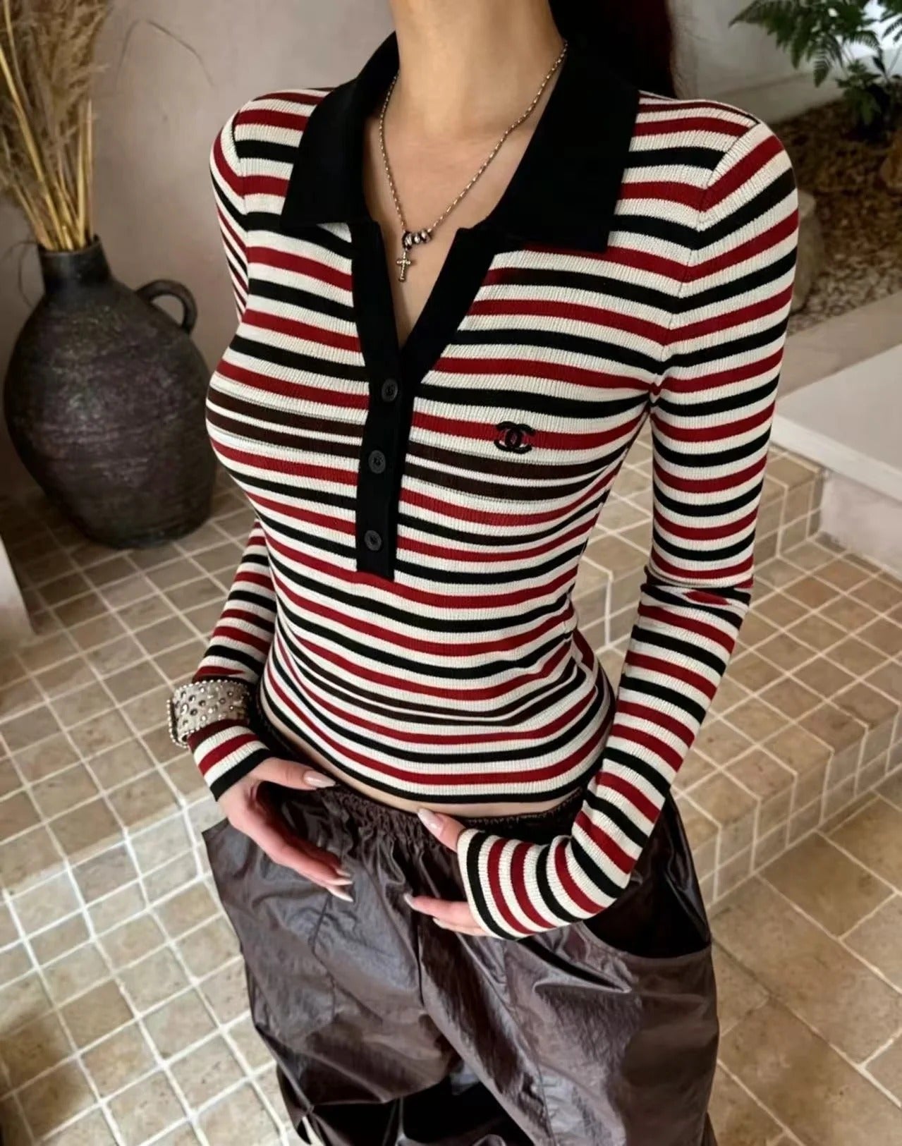 Chanel 2026 Striped Long-Sleeve Top Red Mix Colors Cotton 417672