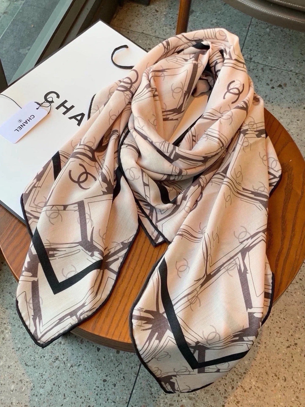 Chanel 2026 Geometric Scarf 135cm Black White Silk And Cashmere 214969