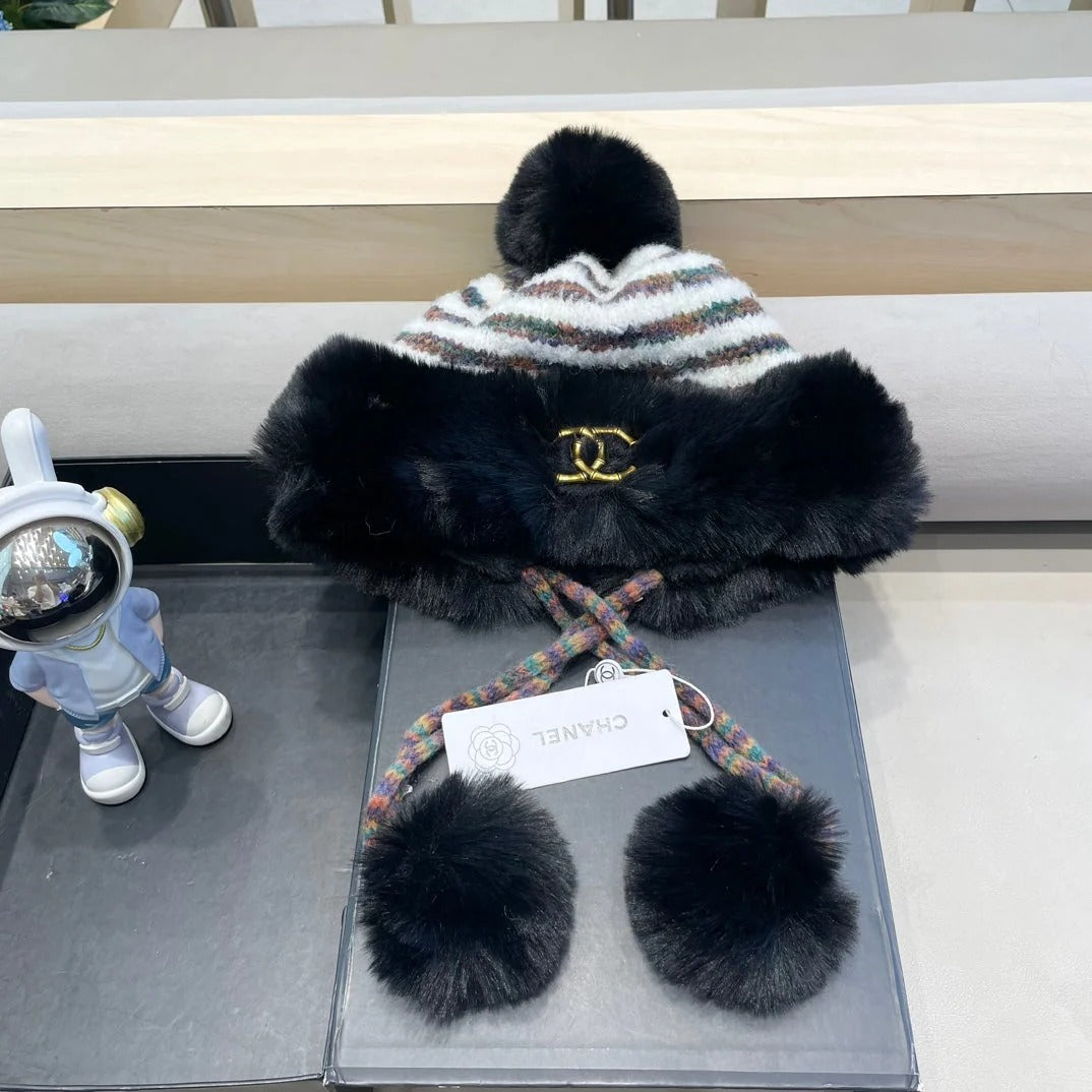 Chanel Knitted Winter Hat With Fur Trim 437113