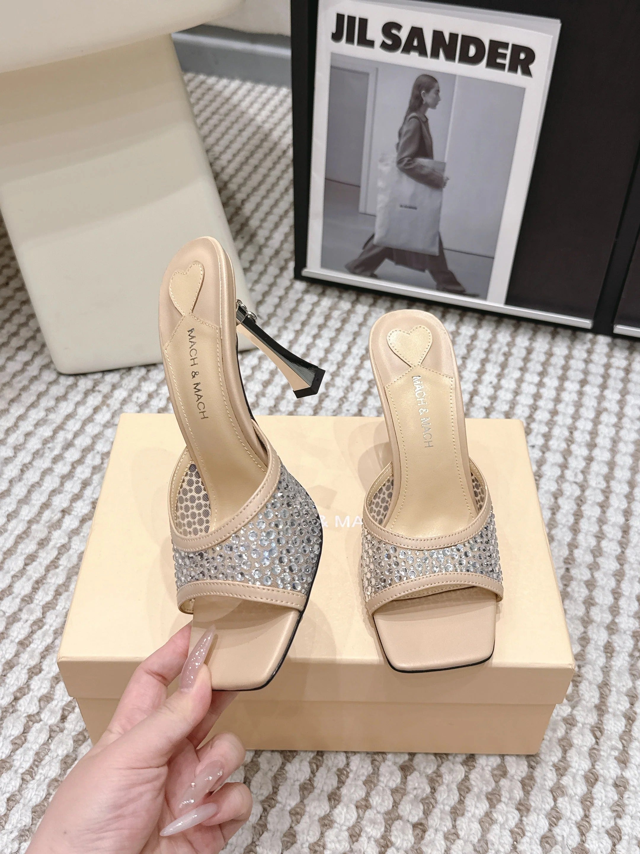 Mach & Mach Embellished Mules 95 Nude Beige in Leather Diamonds 722810