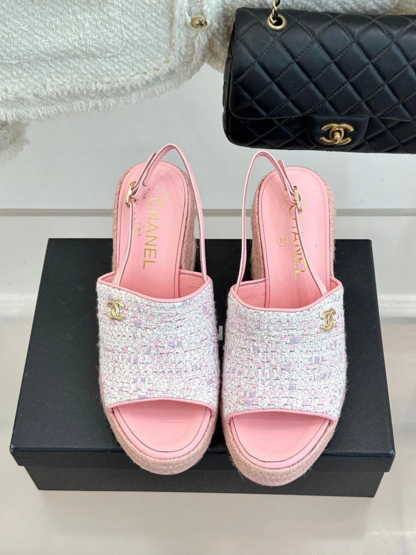Chanel 26P Double C Rope Wedge Peep Toe Sandals Pink in Knit 706351