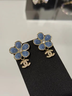 Chanel 2026 Denim Enamel Flower Crystal Light Gold Diamond Earrings