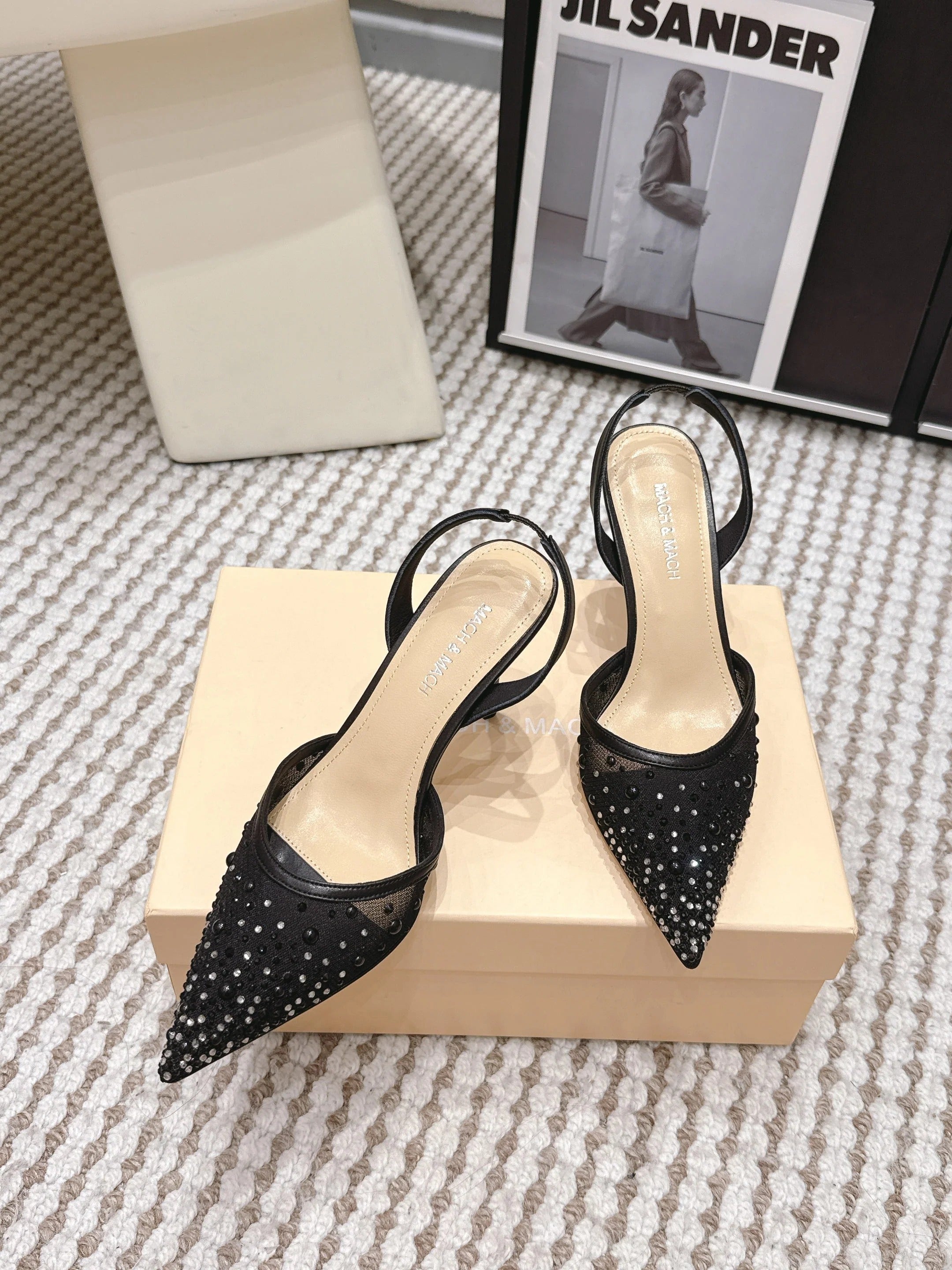 Mach & Mach 26 Pointed Toe High Heels 85 Crystal Black in Sheepskin 722816