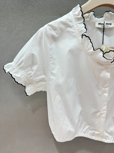Miumiu 2026 Ruffled Trim Shirt White Black Cotton 375185