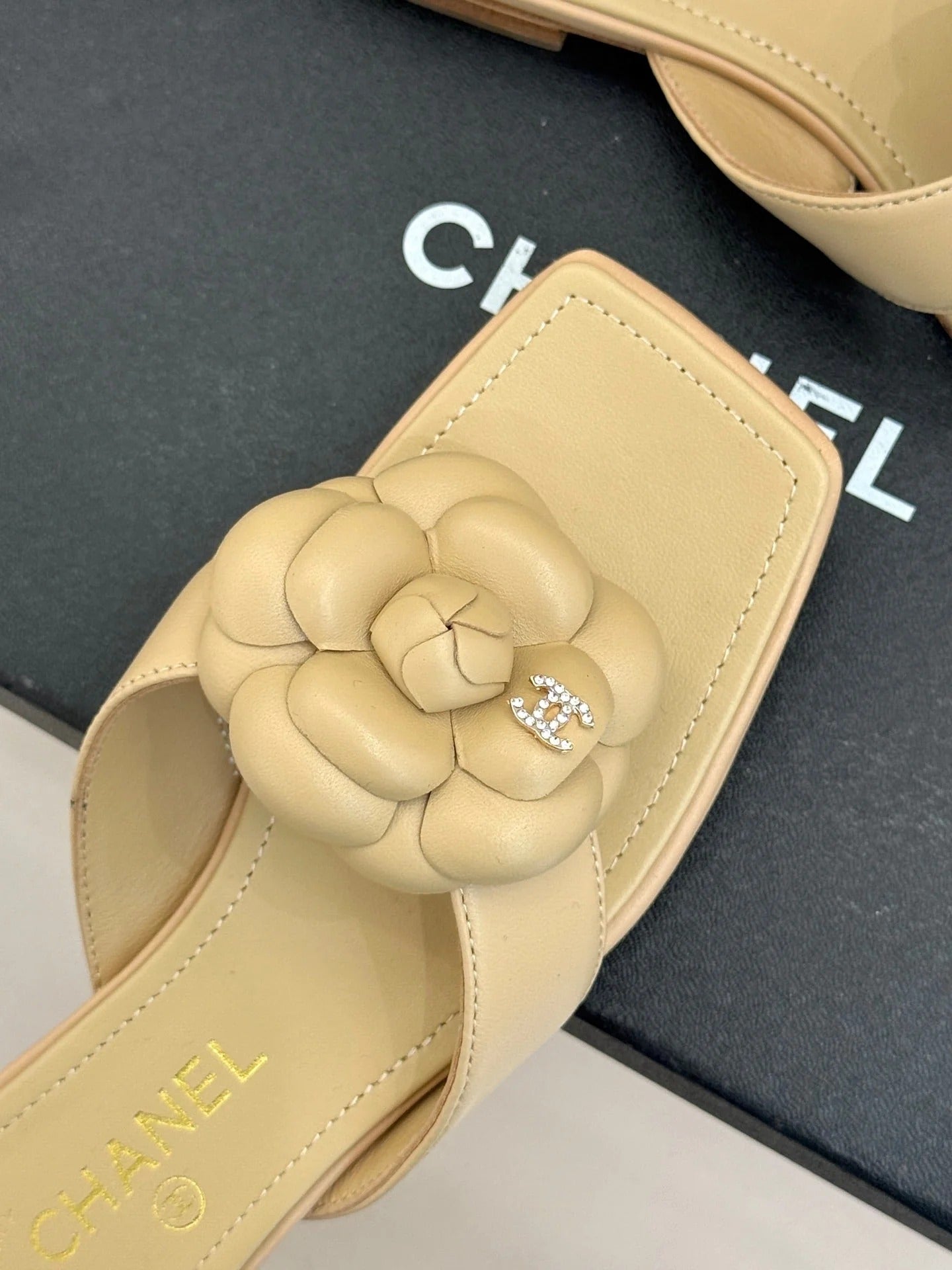 Chanel 26 Camellia Flip-Flops Beige in Cowhide 706387