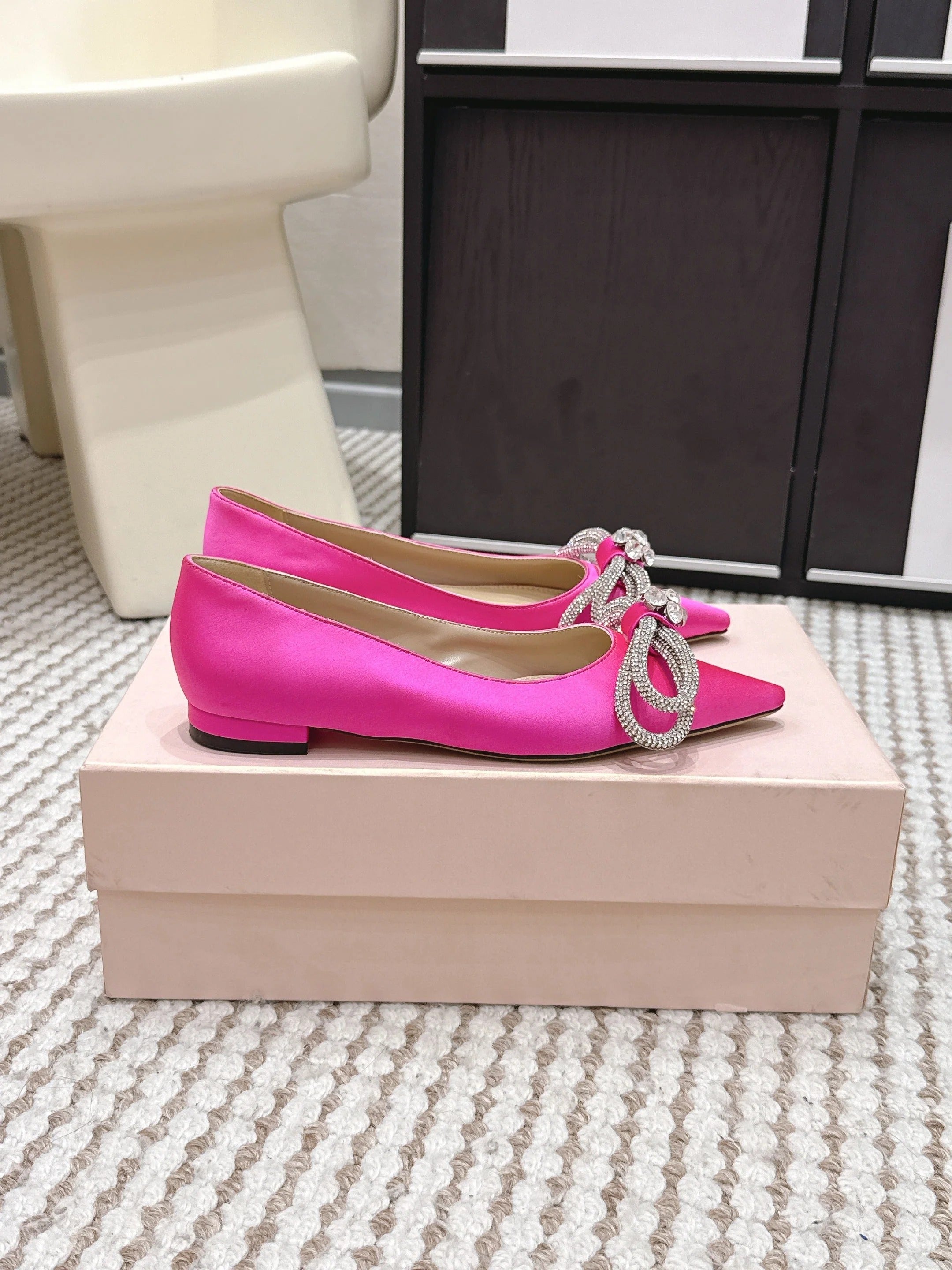 Mach & Mach 26SS Rhinestone Bow Flats Pink in Silk 722451