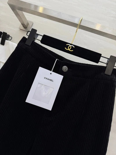 Chanel 2026 Corduroy Flared Pants Black Velvet Fabric 377401