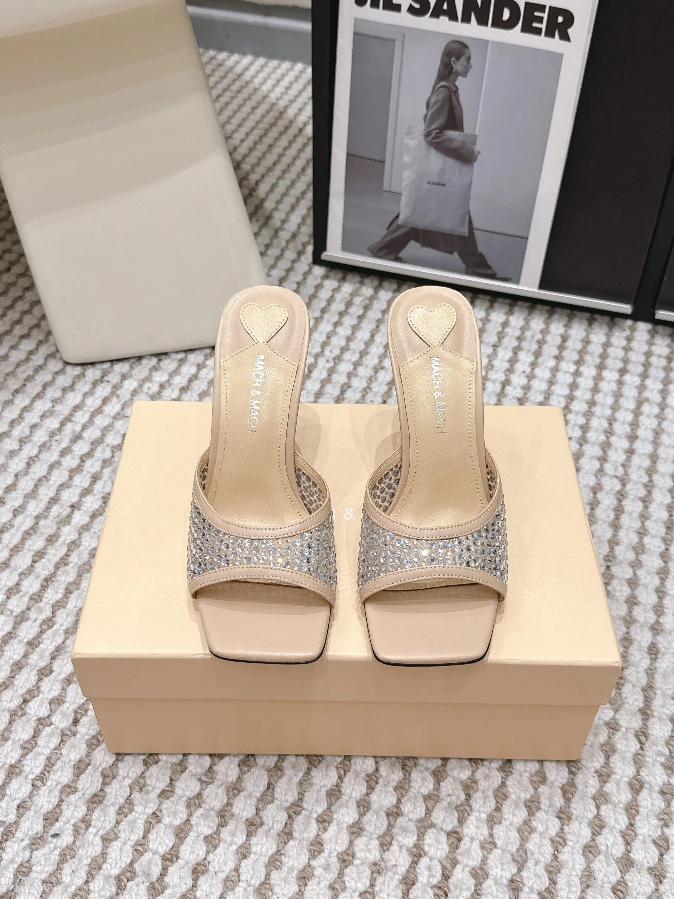 Mach & Mach Embellished Mules 95 Nude Beige in Leather Diamonds 722810