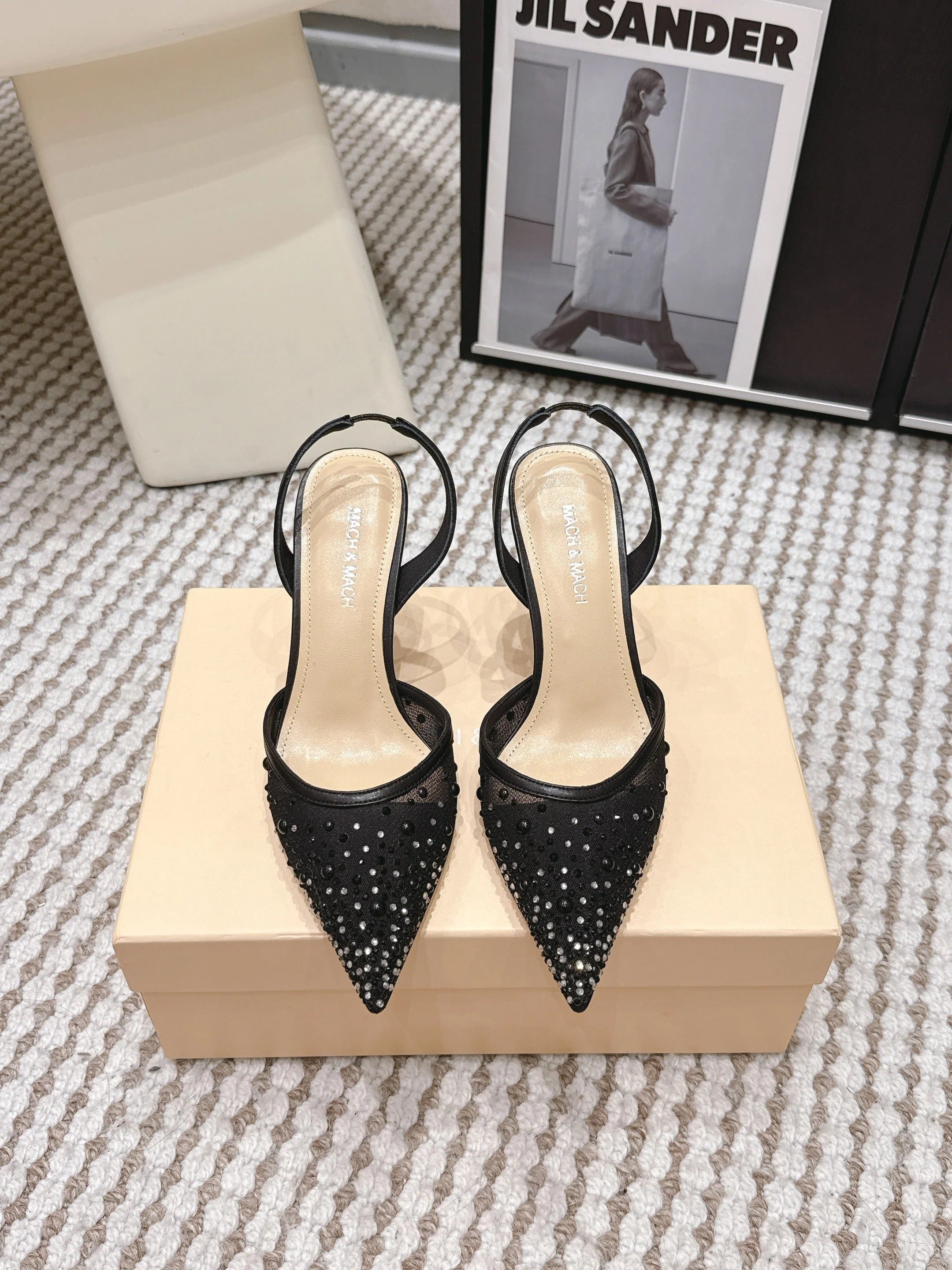 Mach & Mach 26 Pointed Toe High Heels 85 Crystal Black in Sheepskin 722816