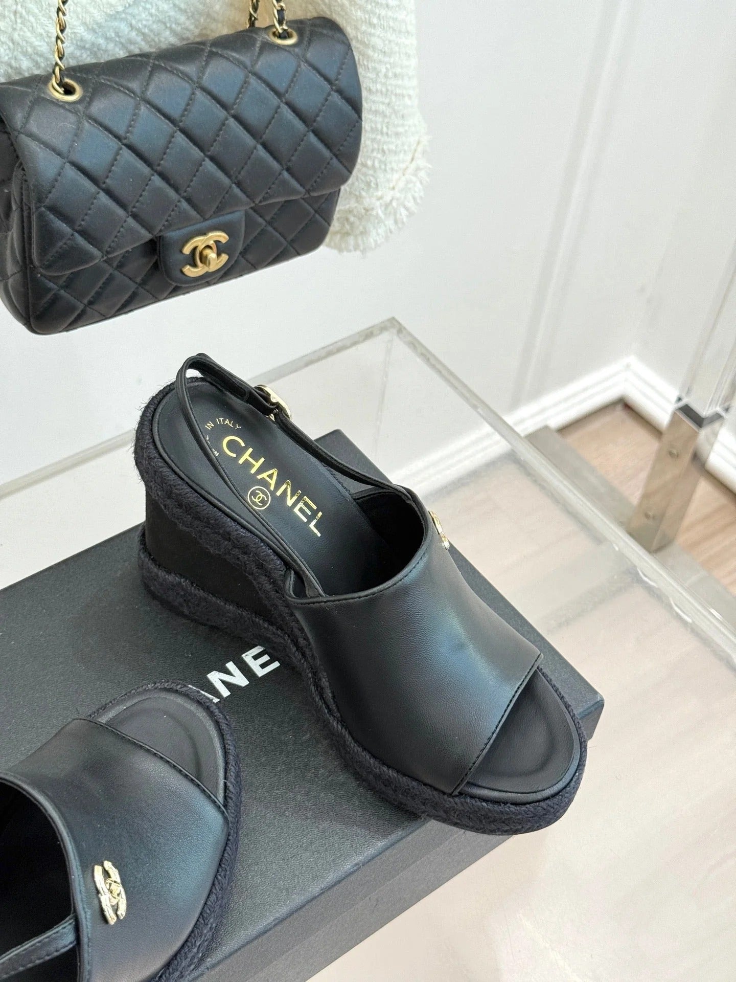 Chanel 26P Double C Rope Wedge Peep Toe Sandals Black in 706353