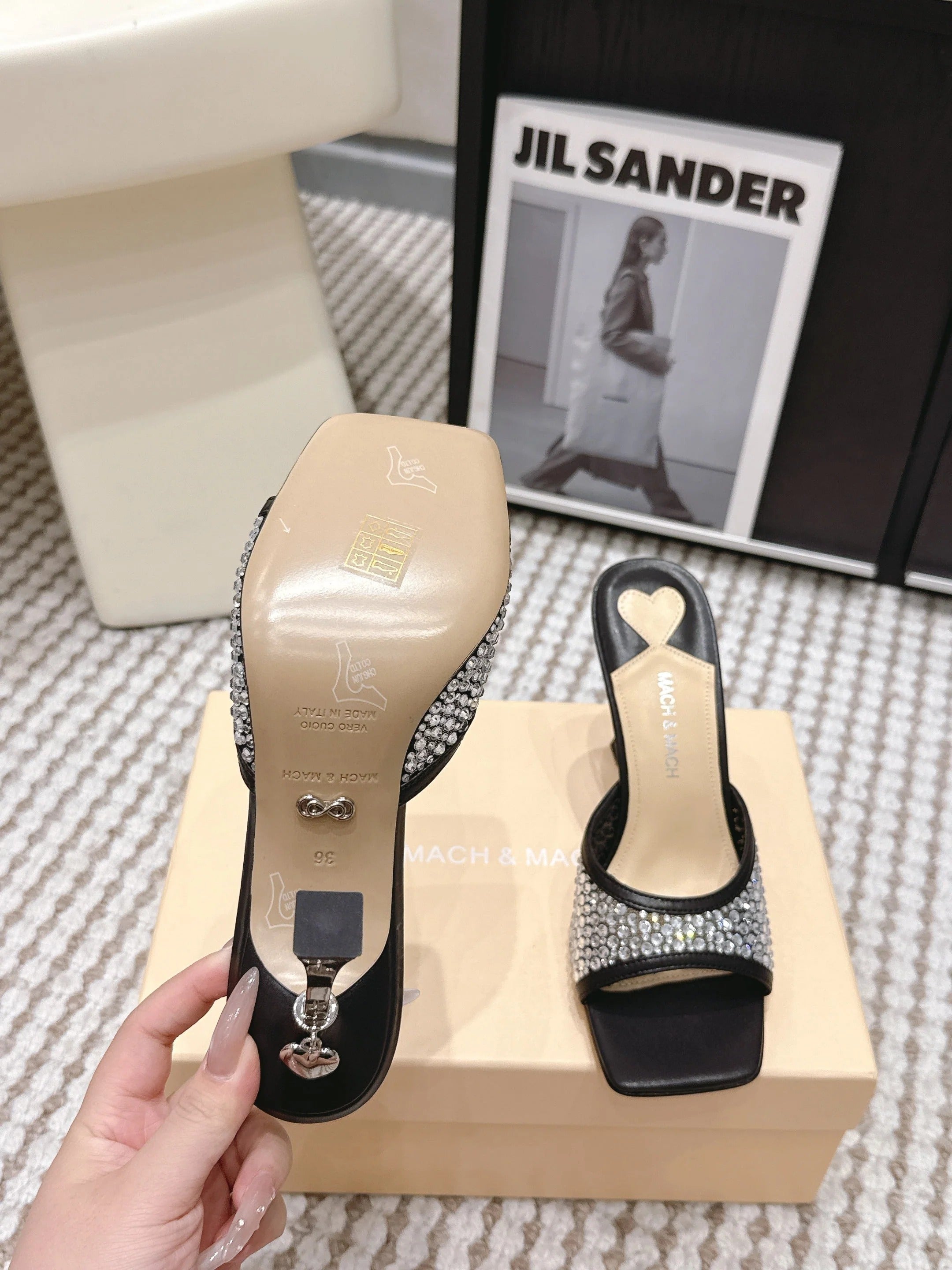 Mach & Mach Embellished Mules 95 Black in Leather Diamonds 722809