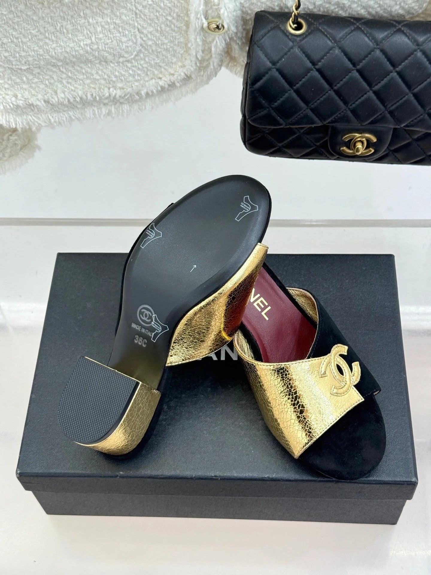 CC 26S Double C Patchwork Sandal 50 Black Gold in Custom leather 706377