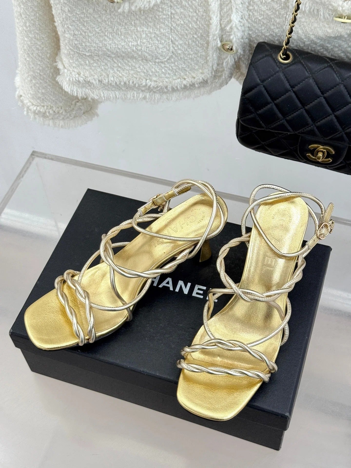CC 26P Double C Strappy Square Toe High-Heeled 70 Sandals Gold in Cowhide 706345