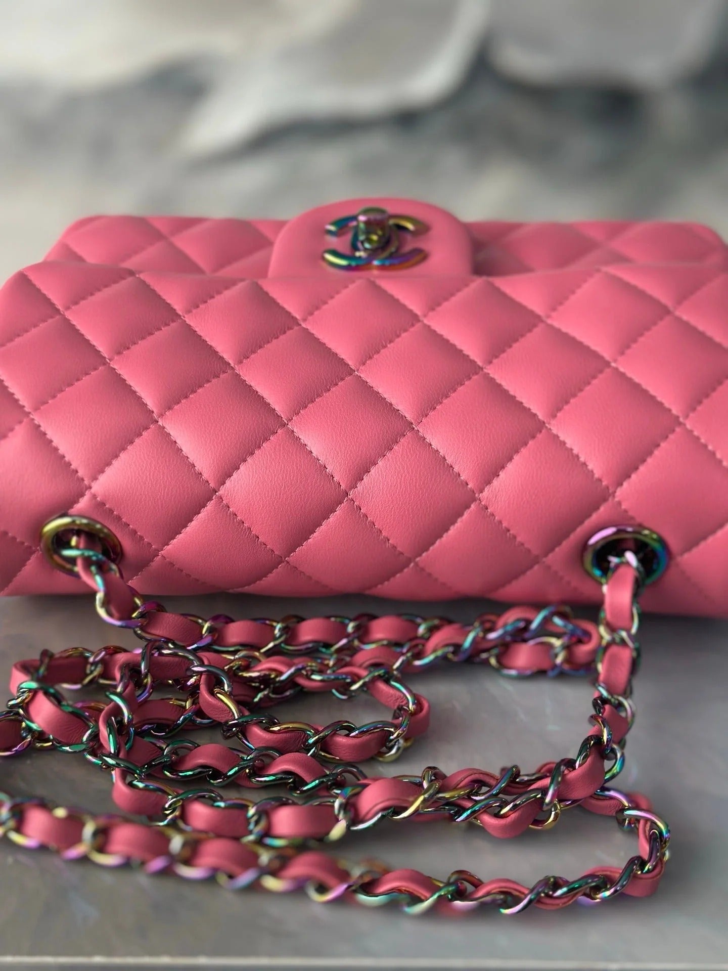 Chanel 2026 Flap Bag 20cm Pink Quilted Leather Rainbow Buckle
