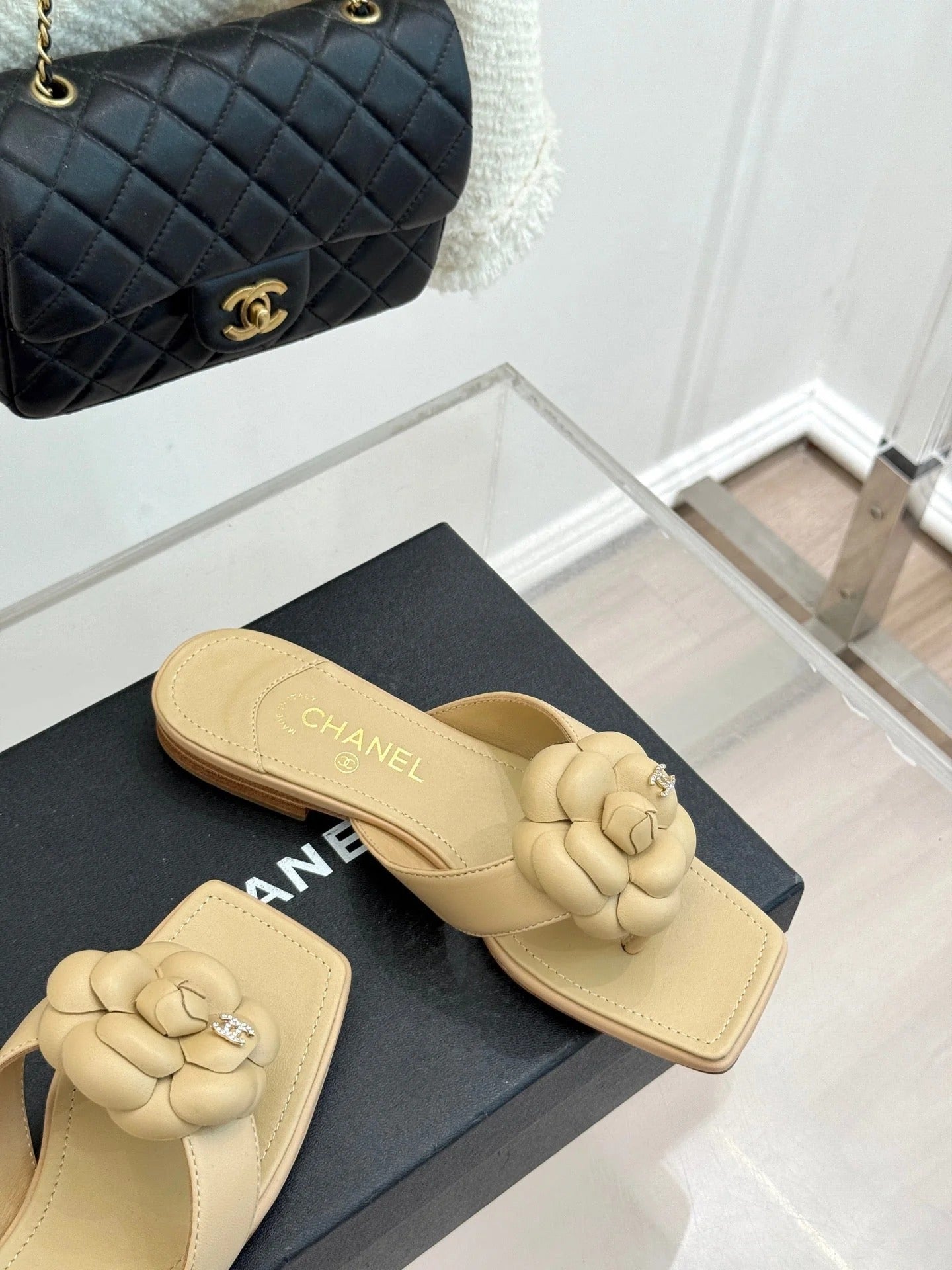 Chanel 26 Camellia Flip-Flops Beige in Cowhide 706387