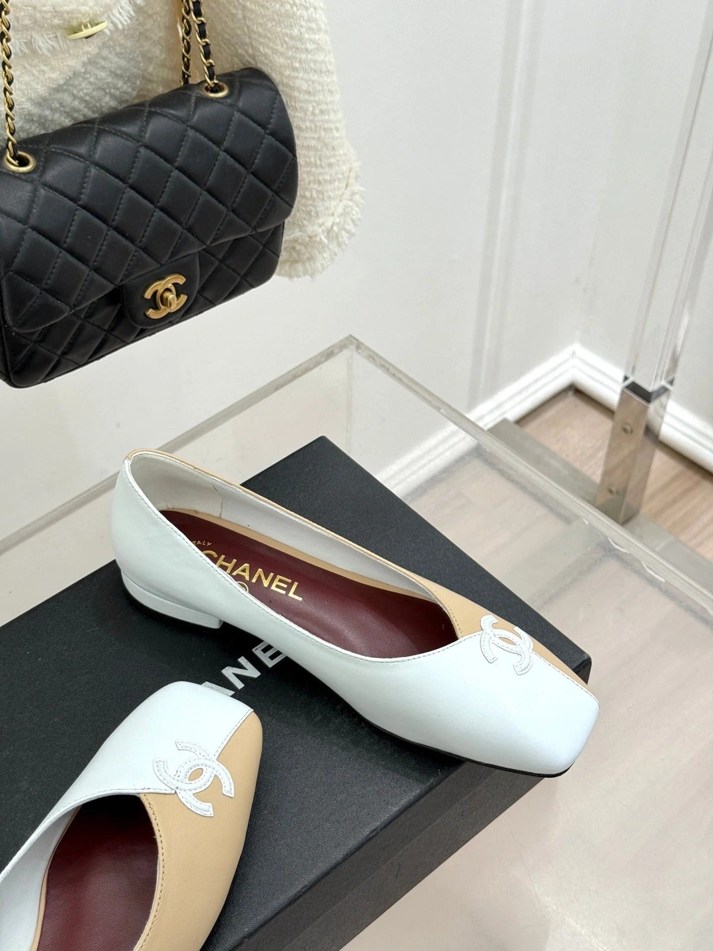 CC 26S Double C Patchwork Ballet Flat Beige White in Cowhide 706368