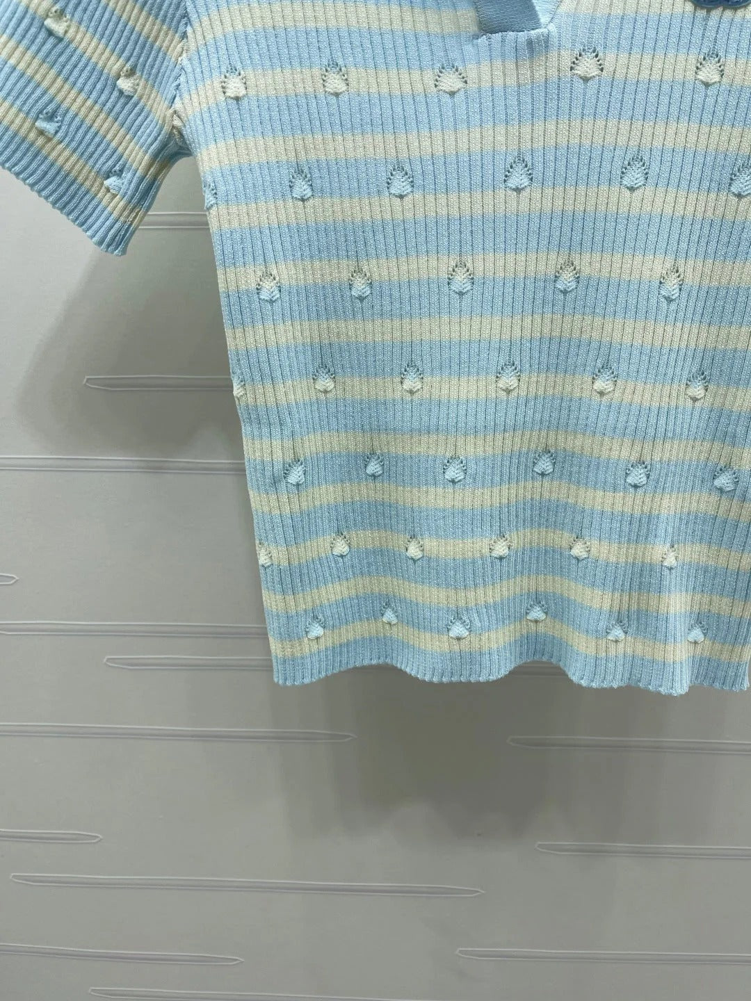Chanel 2026 Striped Collared Knit Short-Sleeve T-Shirt Cotton 677728