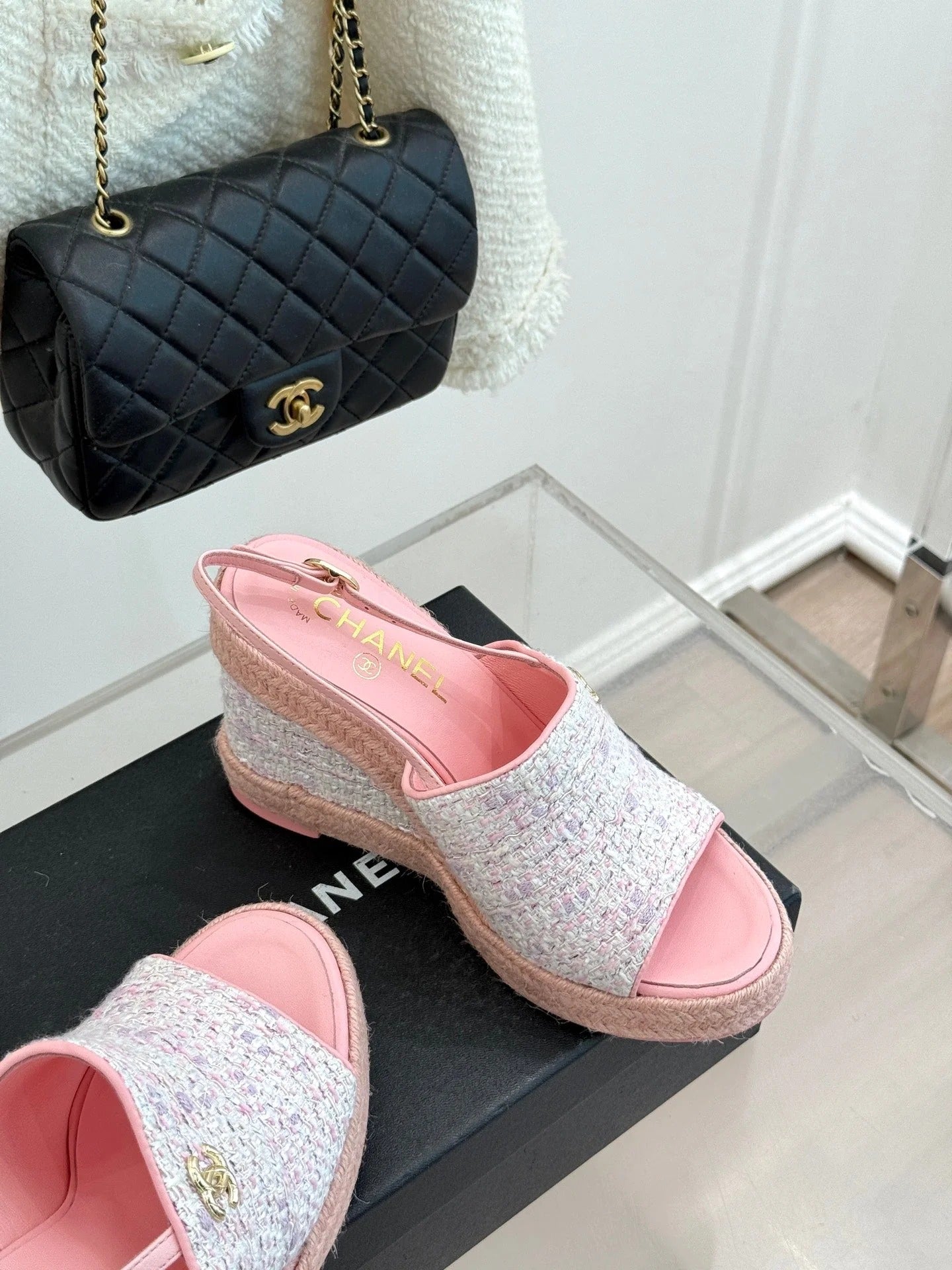 Chanel 26P Double C Rope Wedge Peep Toe Sandals Pink in Knit 706351