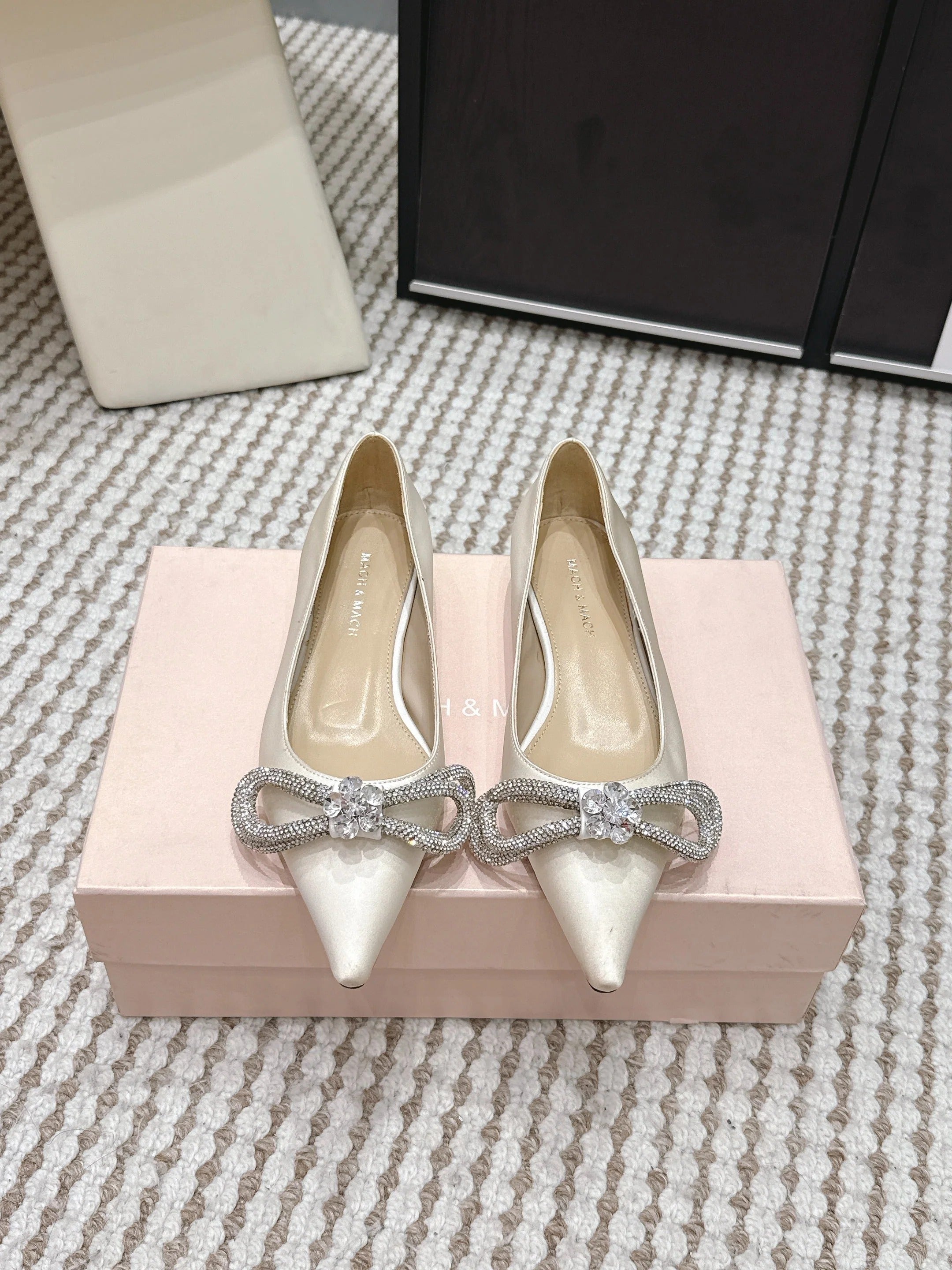 Mach & Mach 26SS Rhinestone Bow Flats Milk White in Silk 722449