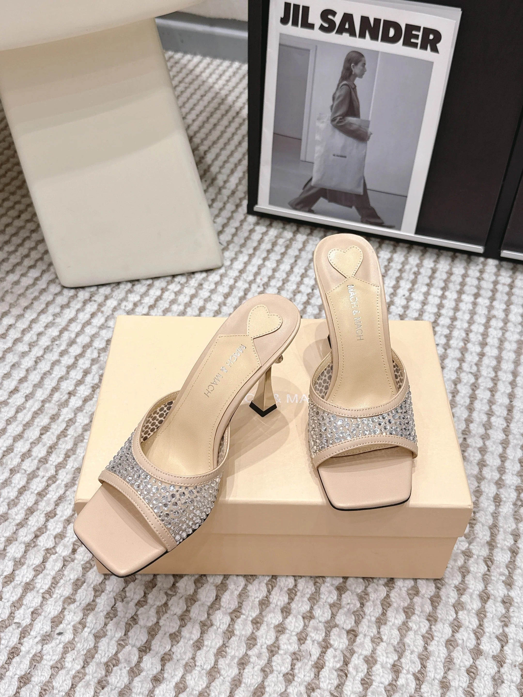 Mach & Mach Embellished Mules 95 Nude Beige in Leather Diamonds 722810