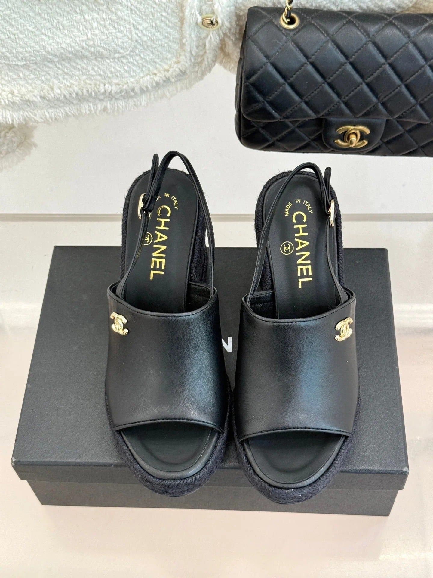 Chanel 26P Double C Rope Wedge Peep Toe Sandals Black in 706353