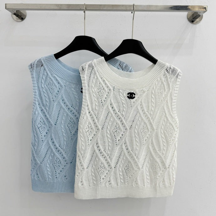 Chanel 2026 Hollow-Out Knitted Vest Blue and White Wool 336792