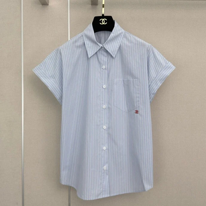 Chanel 2026 Striped Short-sleeved Shirt Blue Cotton 375209