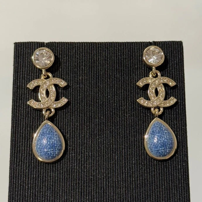 Chanel 2026 Light Gold Round Diamond Double C Teardrop Pendant Denim Earrings