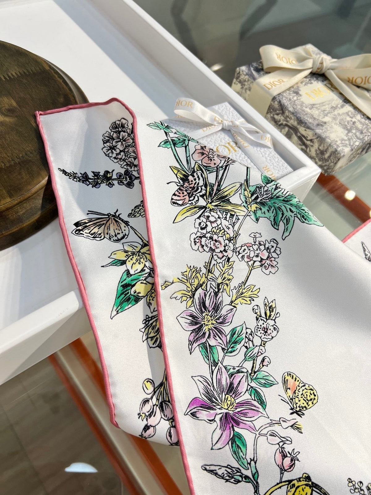 Dior 2026 Butterfly Scarf 90cm Pink White Silk 183760