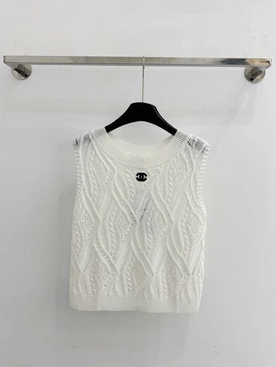 Chanel 2026 Hollow-Out Knitted Vest Blue and White Wool 336792