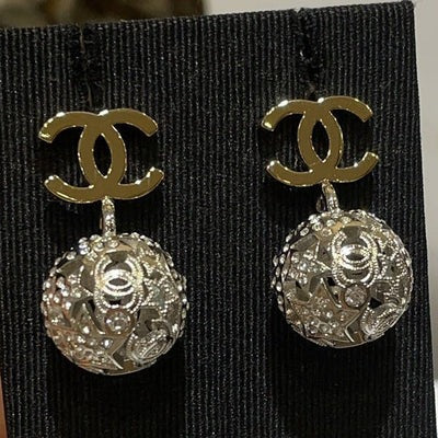 Chanel Gold Double C Silver Hollow Star Round Earrings