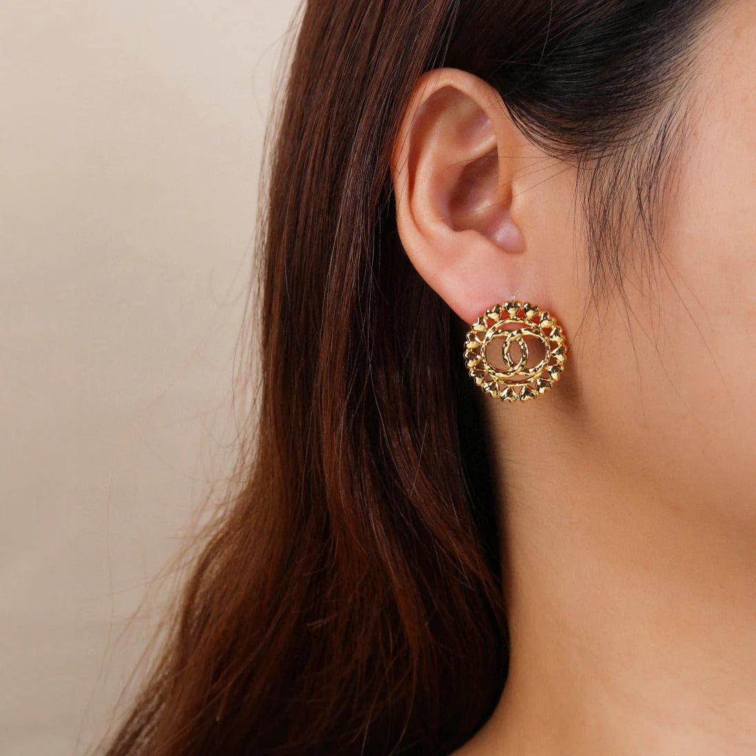 CC Metal Heart Double C Gold Earrings