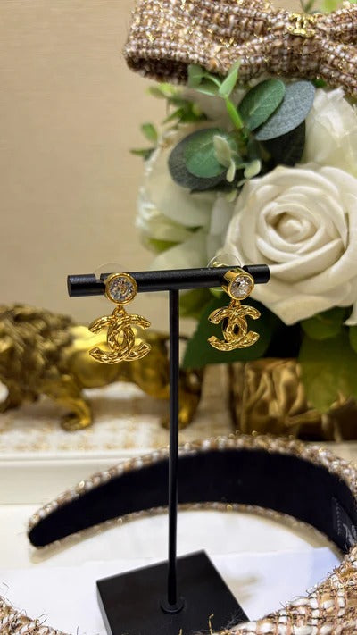 Chanel 2026 Gold Diamond Pattern Double C Crystal Stud Earrings