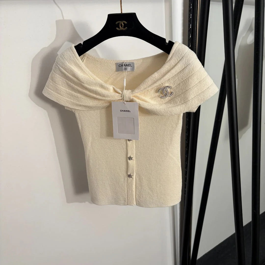 Chanel 2026 Off-Shoulder Short-Sleeve Knit Top 294094