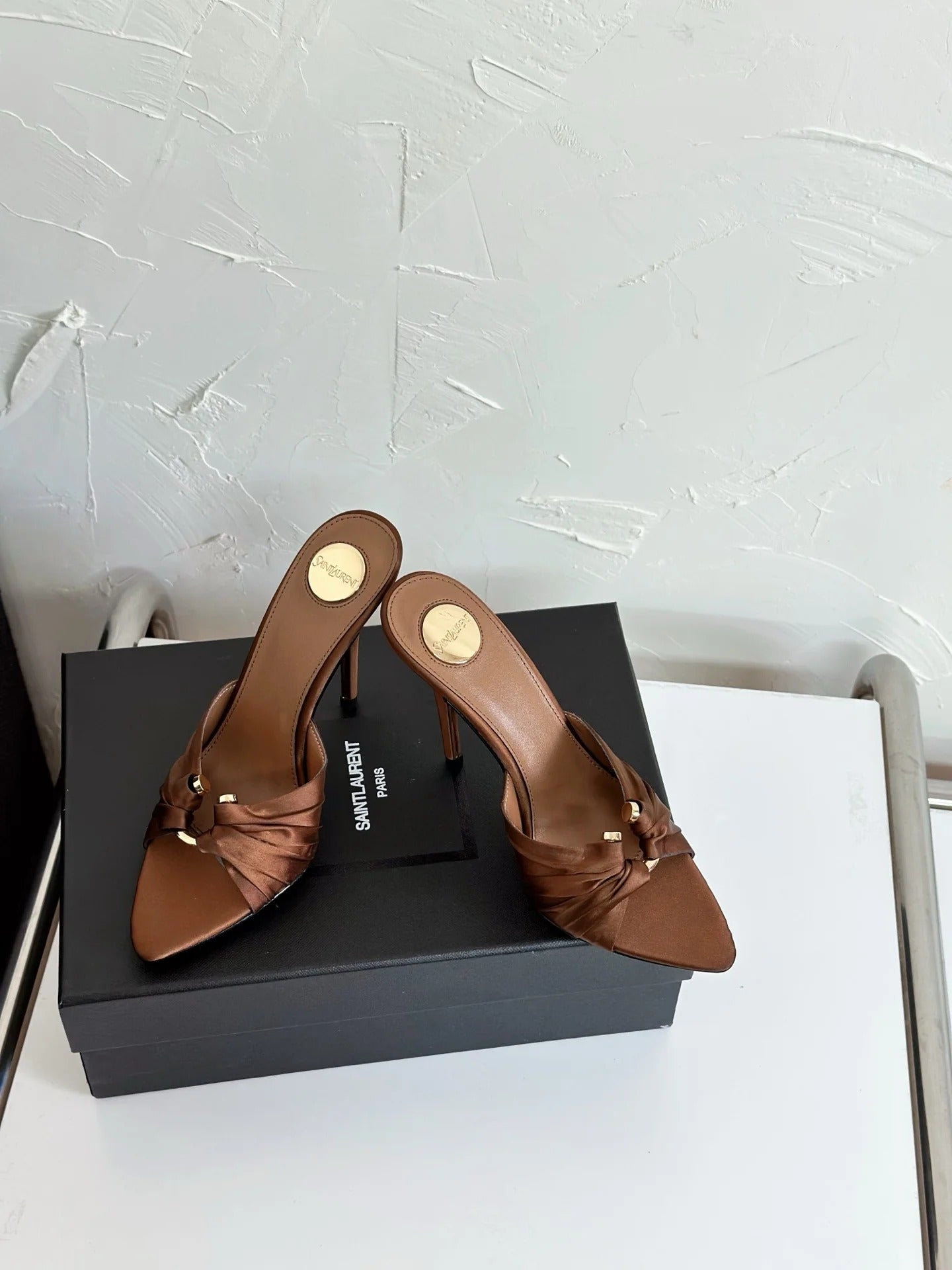 Saint Laurent 2025 Sandal 105mm Brown Silk Sheepskin