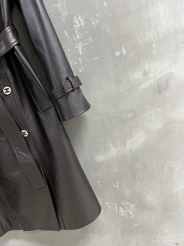 CC Double-breasted Trench Coat With Belt Dark Brown Calfskin
