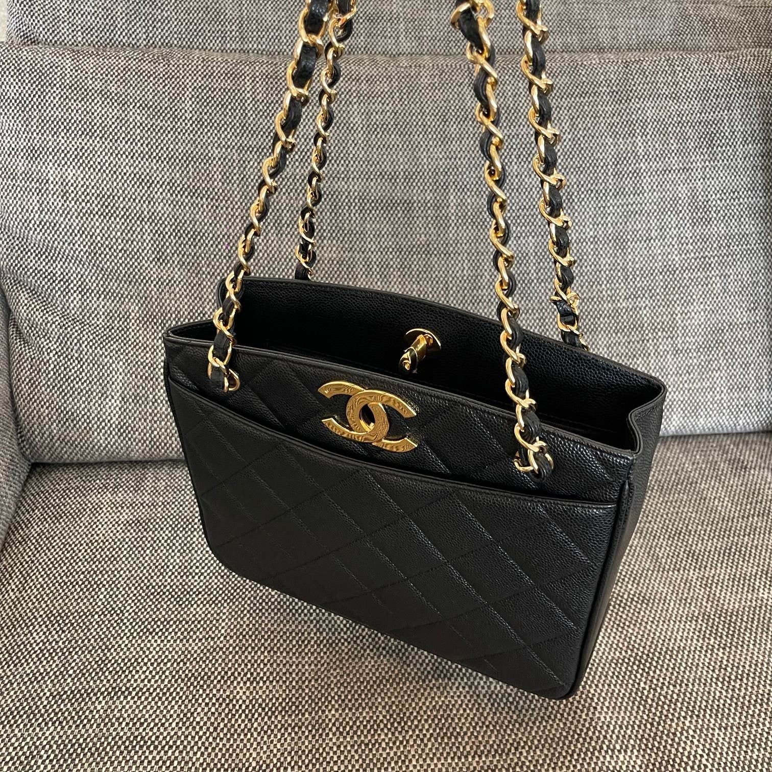Chanel 2026 Vintage Shopping Tote Bag 28cm Black Embossed Calfskin