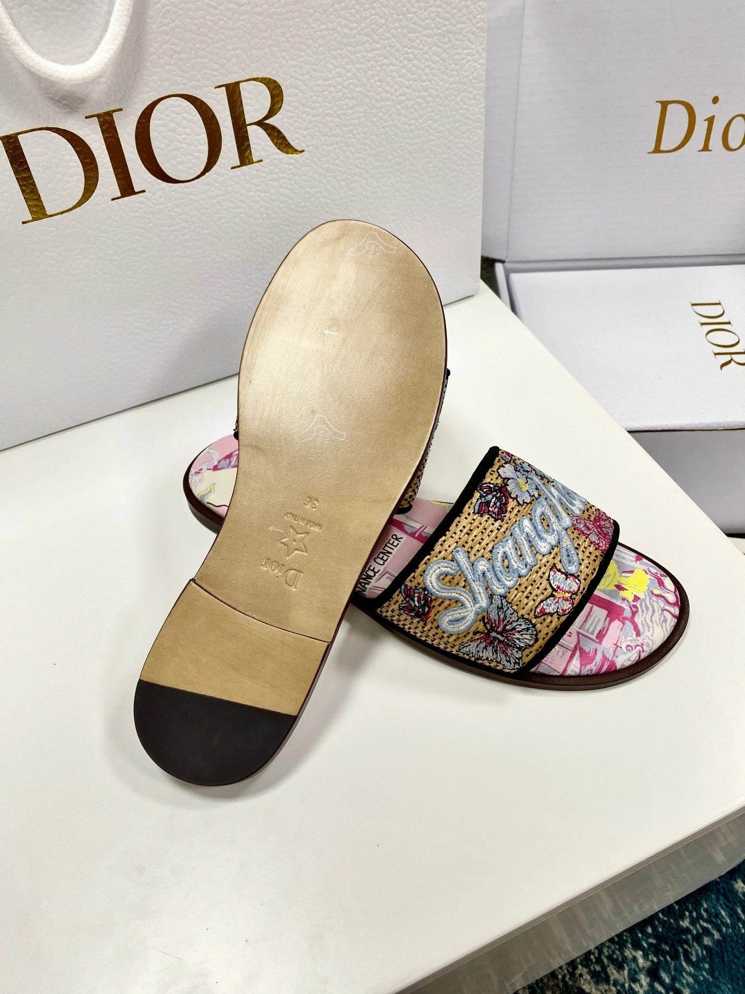 CD 26s Embroidered Sandals Pink Beige Multicolor Canvas Leather 683005