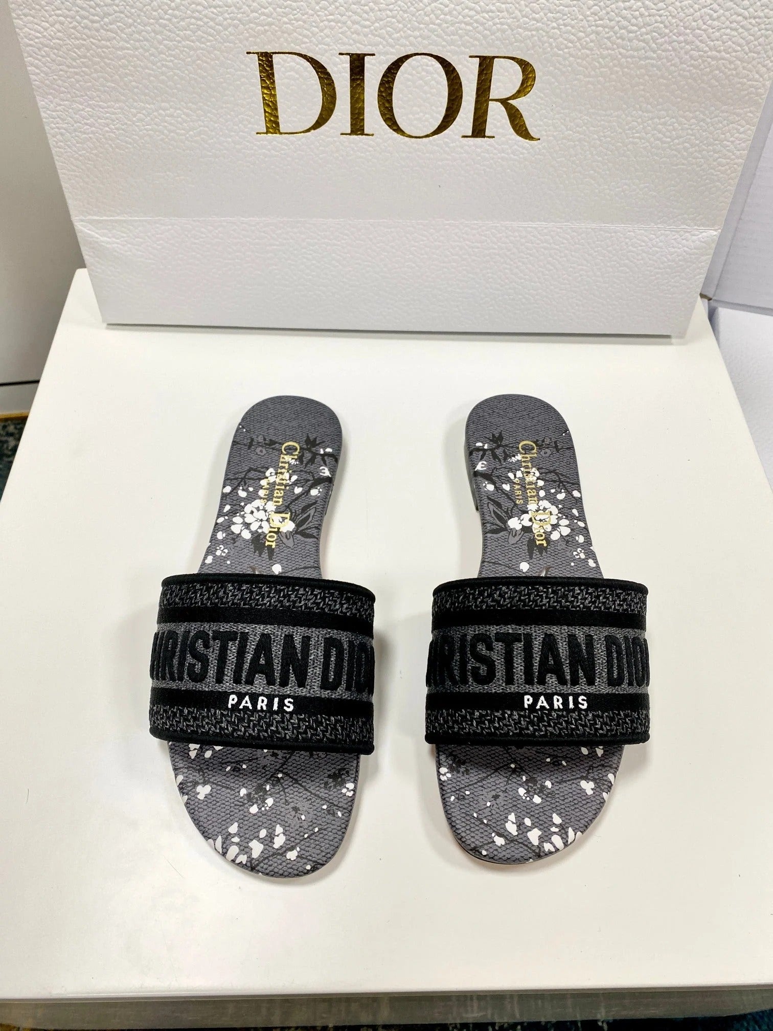 CD 26s Embroidered Sandals Gray Black Canvas Leather 683017