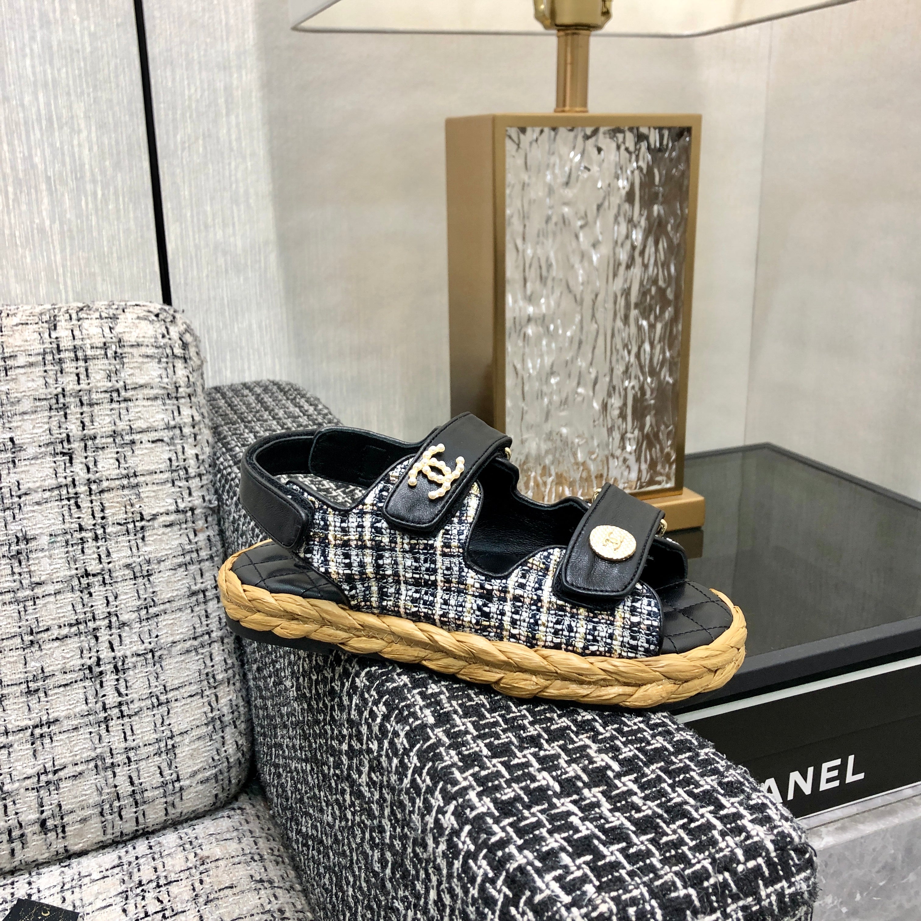 VELCRO SANDALS IN BLACK LAMBSKIN AND TWEED FABRIC