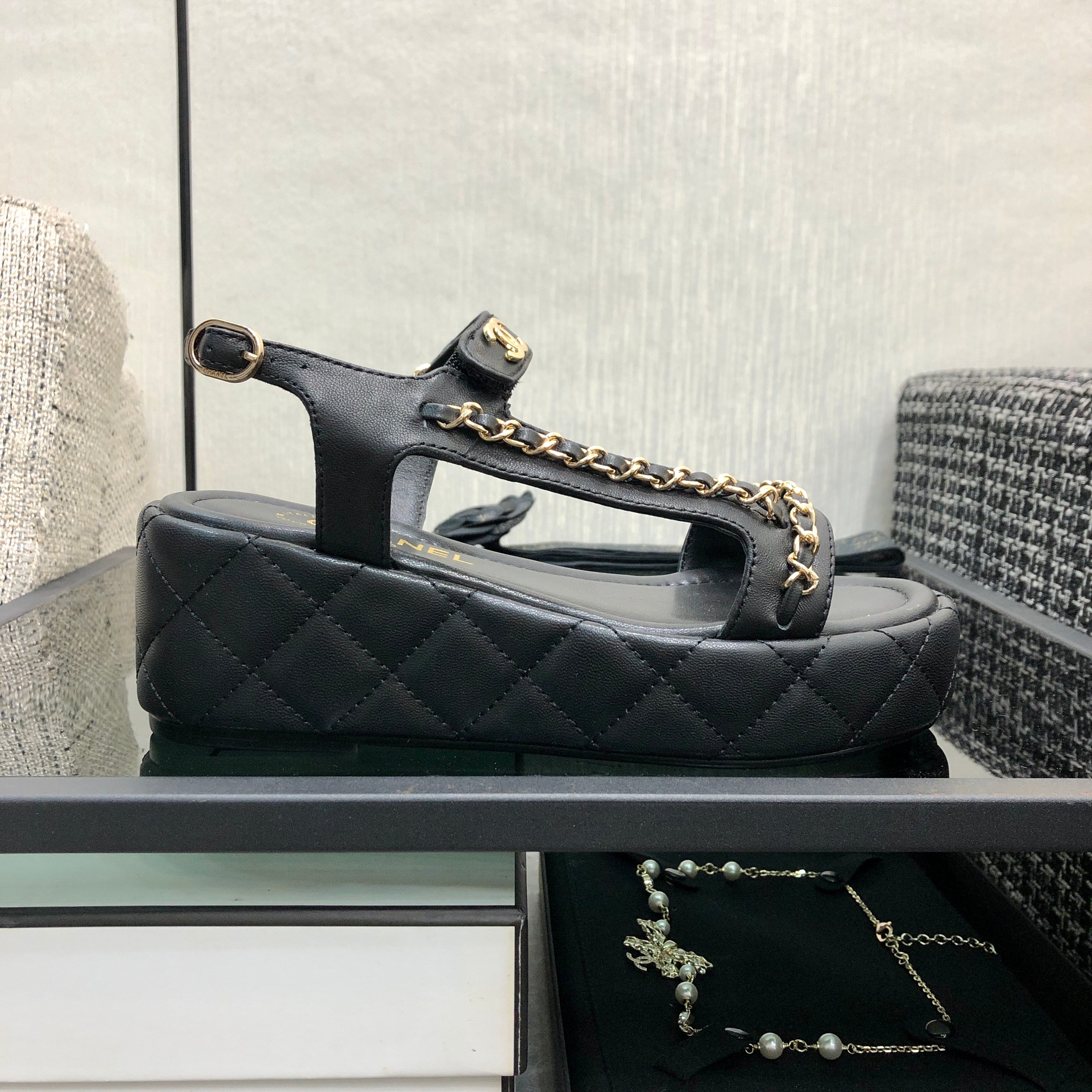 CC Platform Sandals Quilted Chain Black Lambskin 602503