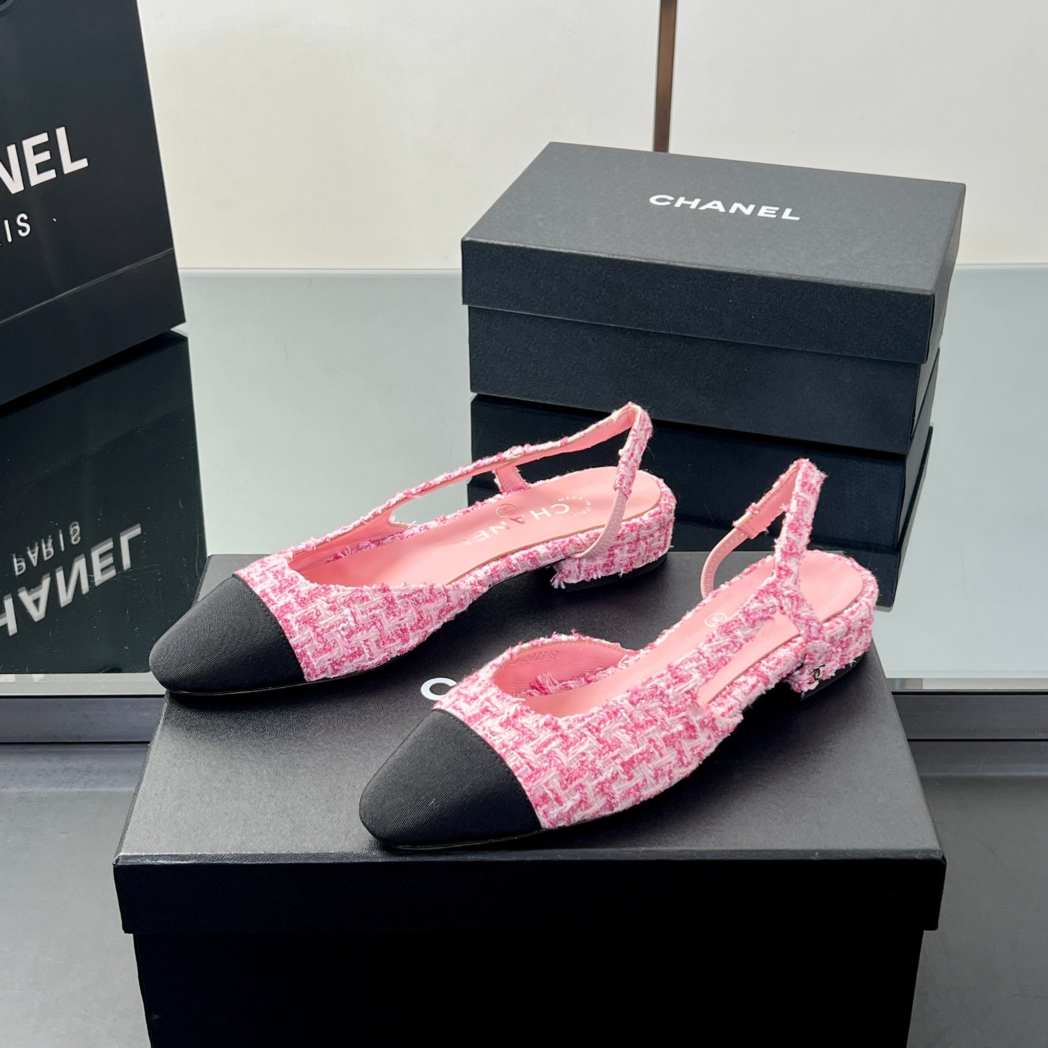 CC Slingback 2.5cm Hot Pink Black Tweed Fabric